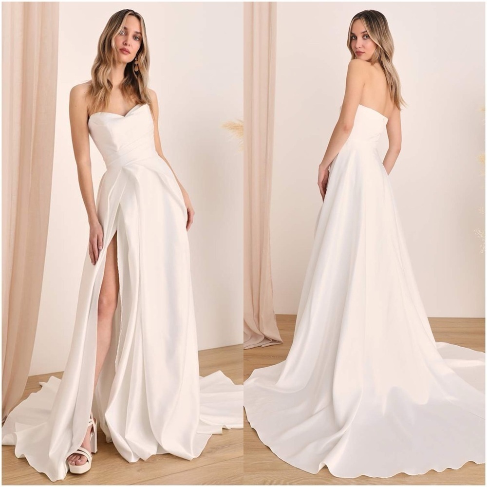 LULU’S Lifetime Of Love White Satin Strapless A-Line Gown